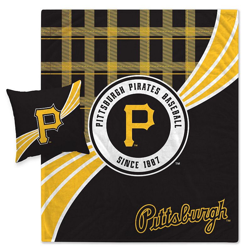 Pittsburgh Pirates Plaid Wave Flannel Fleece Blanket and Pillow Combo Set