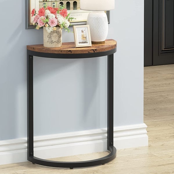 End Table Half Round， Narrow Wood Side Table with Metal Frame