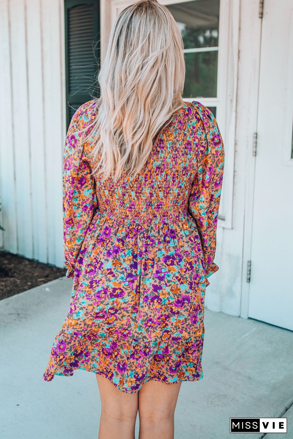 Purple Smocked V Neck Puffy Sleeve Floral Dress