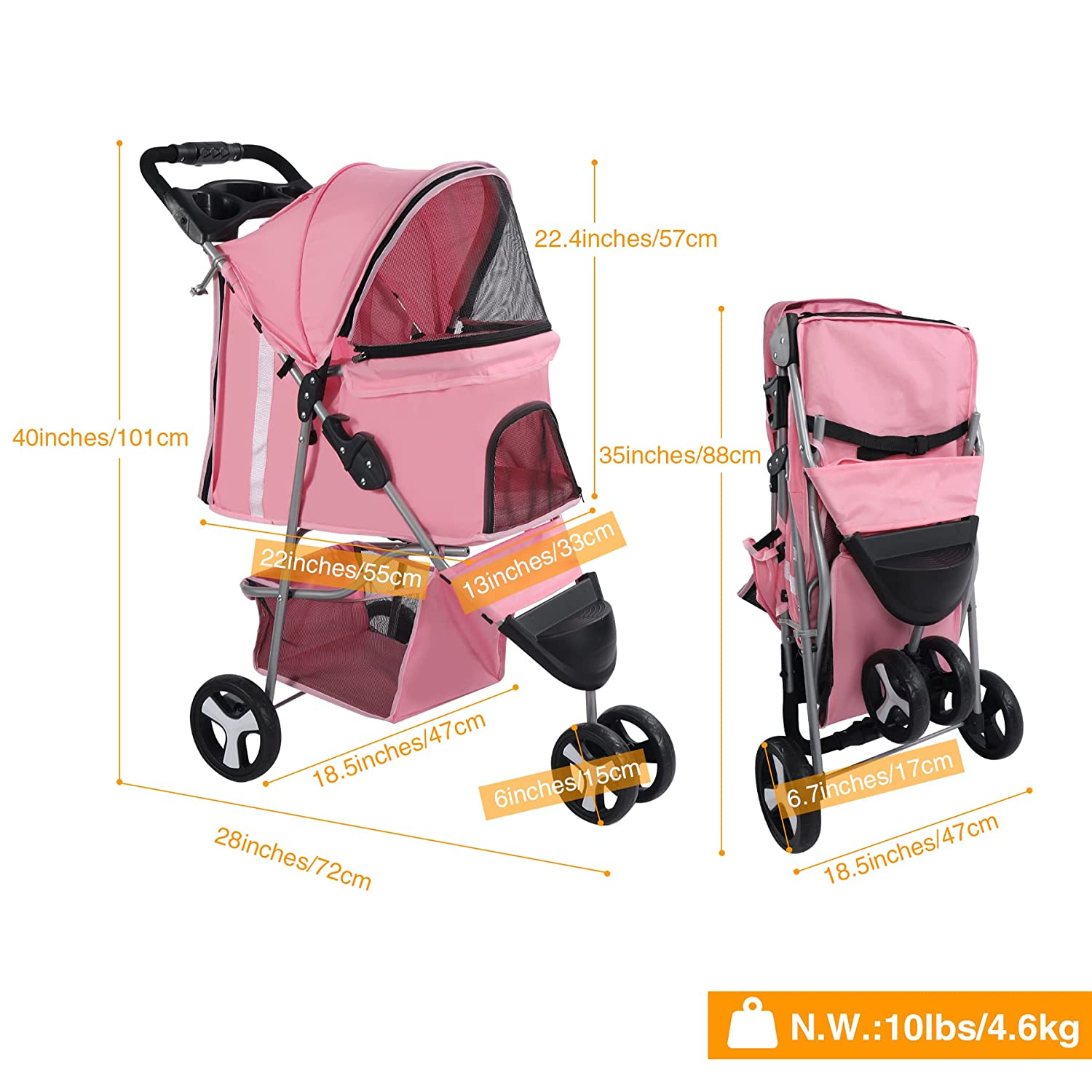 Lineslife 3 Wheels Pet Stroller， Foldable Carrier Strolling Cart for Small Medium Dogs and Cats， Pink