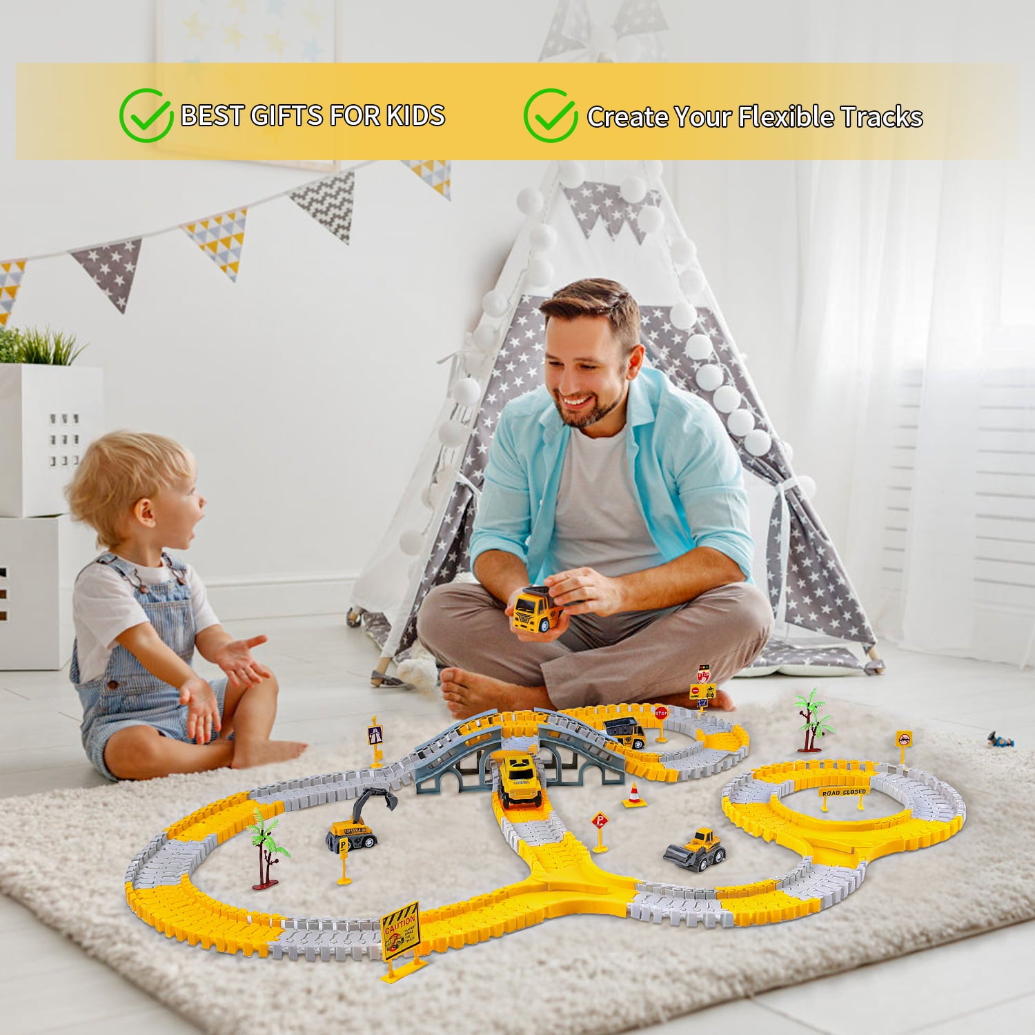 BBLIKE 255 PCS Construction Race Tracks for Kids Toys， 2 Electric Cars， 4 Construction Cars， Flexible DIY Track Set， Engineering Gifts for 3 4 5 6 Year Old Boys Girls