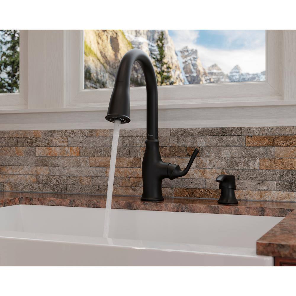 Pfister Rosslyn Single Handle Pull Down Sprayer Kitchen Faucet with Deckplate Included in Matte Black F-529-7RSSRB