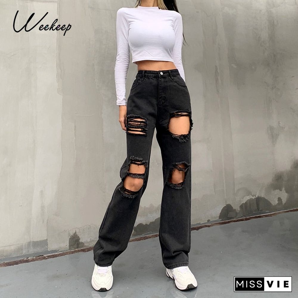 Weekeep Holes Vintage Streetwear Straight Jeans Women High Waist Fashion Baggy Slim Korean Denim Pants Streetwear Cargo Trousers