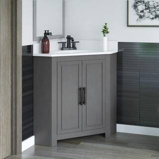 Twin Star Home 25 in. W x 25 in. D Corner Bathroom Vanity in Antique Gray with White Top and White Basin 25BV35043-PG22