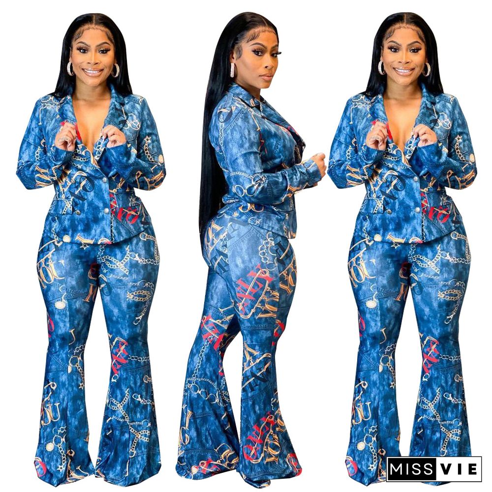 Fashion Print Long Sleeve Flared Pants Casual Two-piece Suit