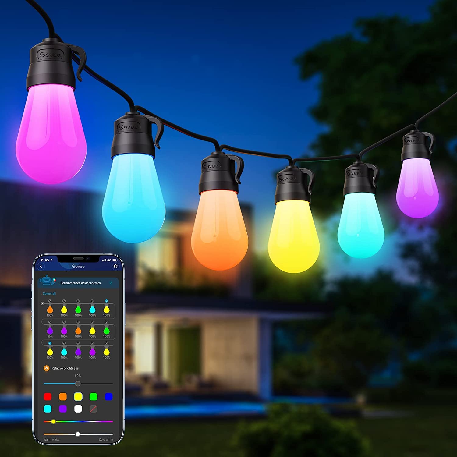 Govee Smart Outdoor String Lights， 48ft RGBIC Patio Lights with 15 Dimmable Warm White LED Bulbs， IP65 Waterproof WiFi APP Control Outdoor String Lights Work with Alexa for Balcony， Backyard， Party