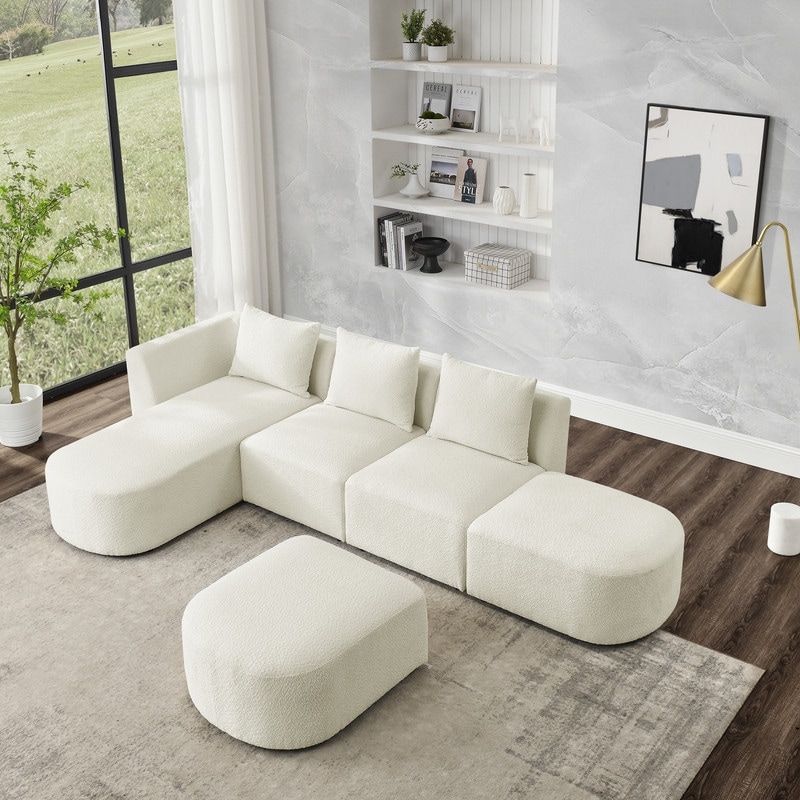 Modular Sectional Sofa  4 Seat Sofa Loop Yarn Fabric L Shaped Couch with Left/Right Chaise and Ottoman for Living Room Bedroom