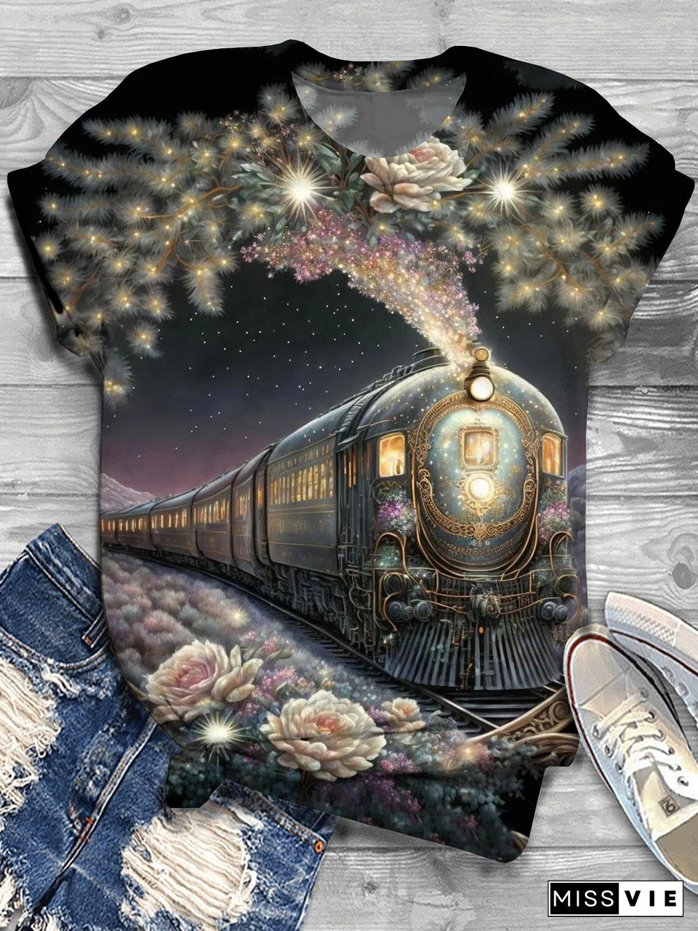 Night Scenery Floral Train Print Crew Neck T-shirt