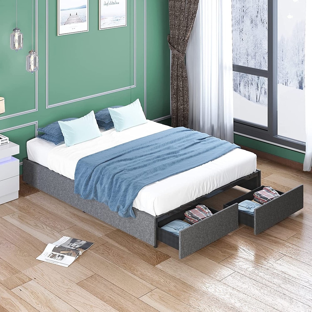 Mixoy Linen Fabric Upholstered Platform Bed Frame with Storage Drawers and Wood Slat