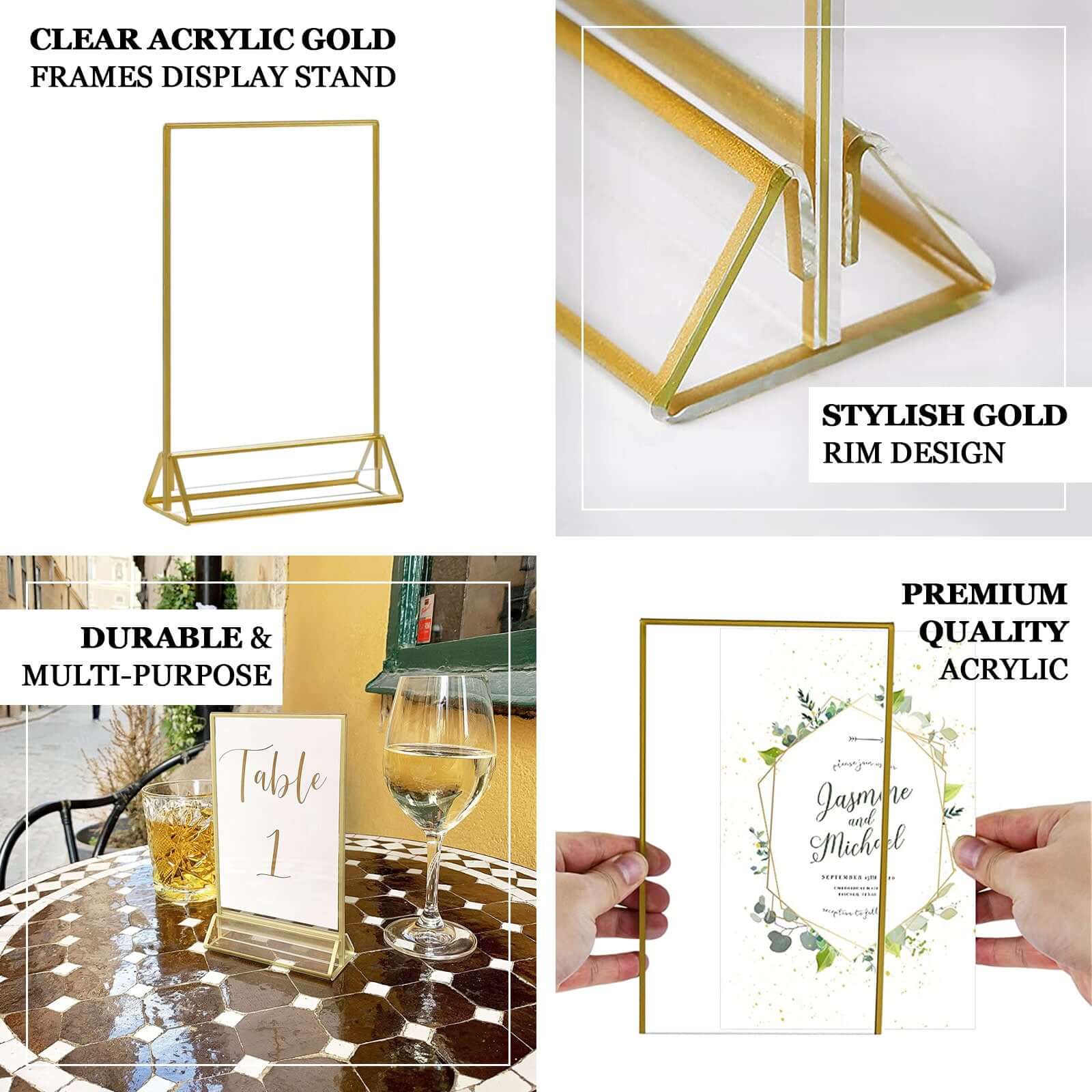 6 Pack Gold Frame Acrylic Freestanding Table Sign Holders, Double Sided Number, Picture, Menu Display Stands 5