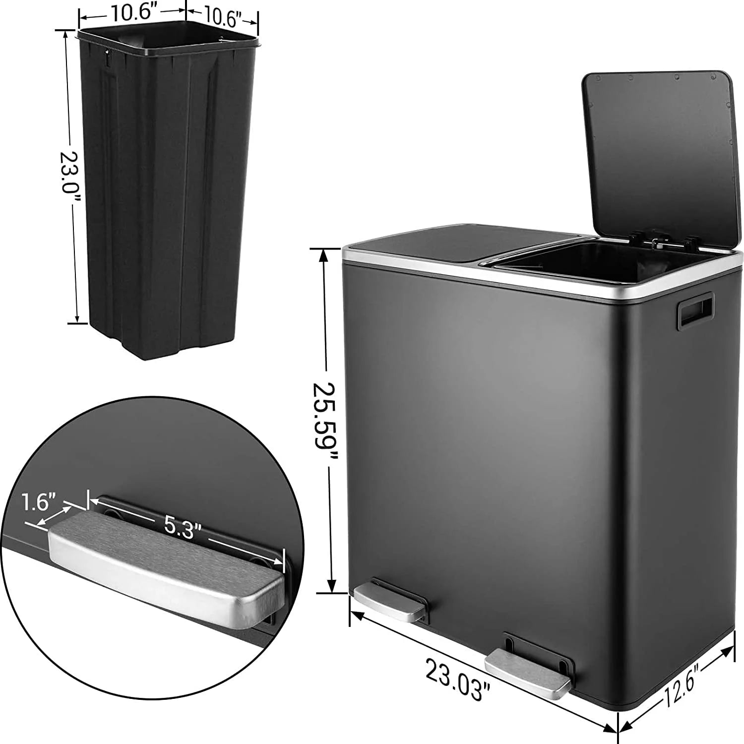 Dual Trash Can 16 Gal (60L) Stainless Steel Large Kitchen Rubbish Bin  with Removable Inner Buckets