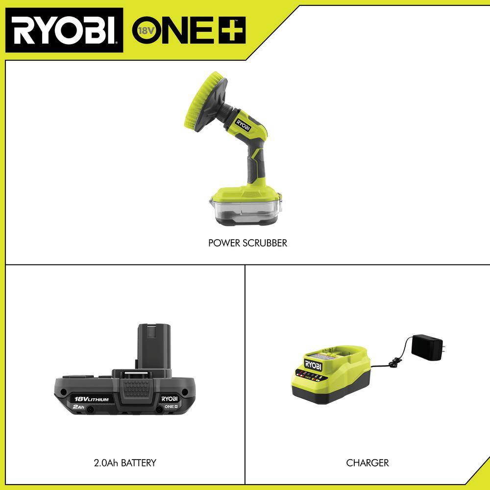 RYOBI ONE+ 18V Cordless Compact Power Scrubber Kit with 2.0 Ah Battery and Charger P4510K