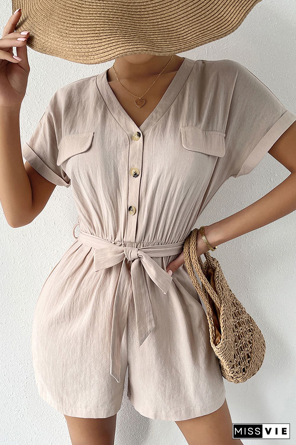 V-neck Short Sleeve Tie Waist Shorts Romper Wholesale