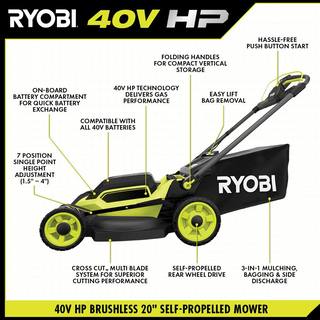 RYOBI 40V HP Brushless 20 in. Cordless Electric Battery Dual Blade Walk Behind Self-Propelled Mower - 8.0Ah Battery  Charger RY401260VNM