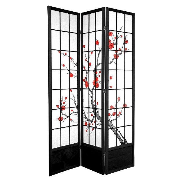 7 Ft Tall Cherry Blossom Shoji Screen Black 3 Panels