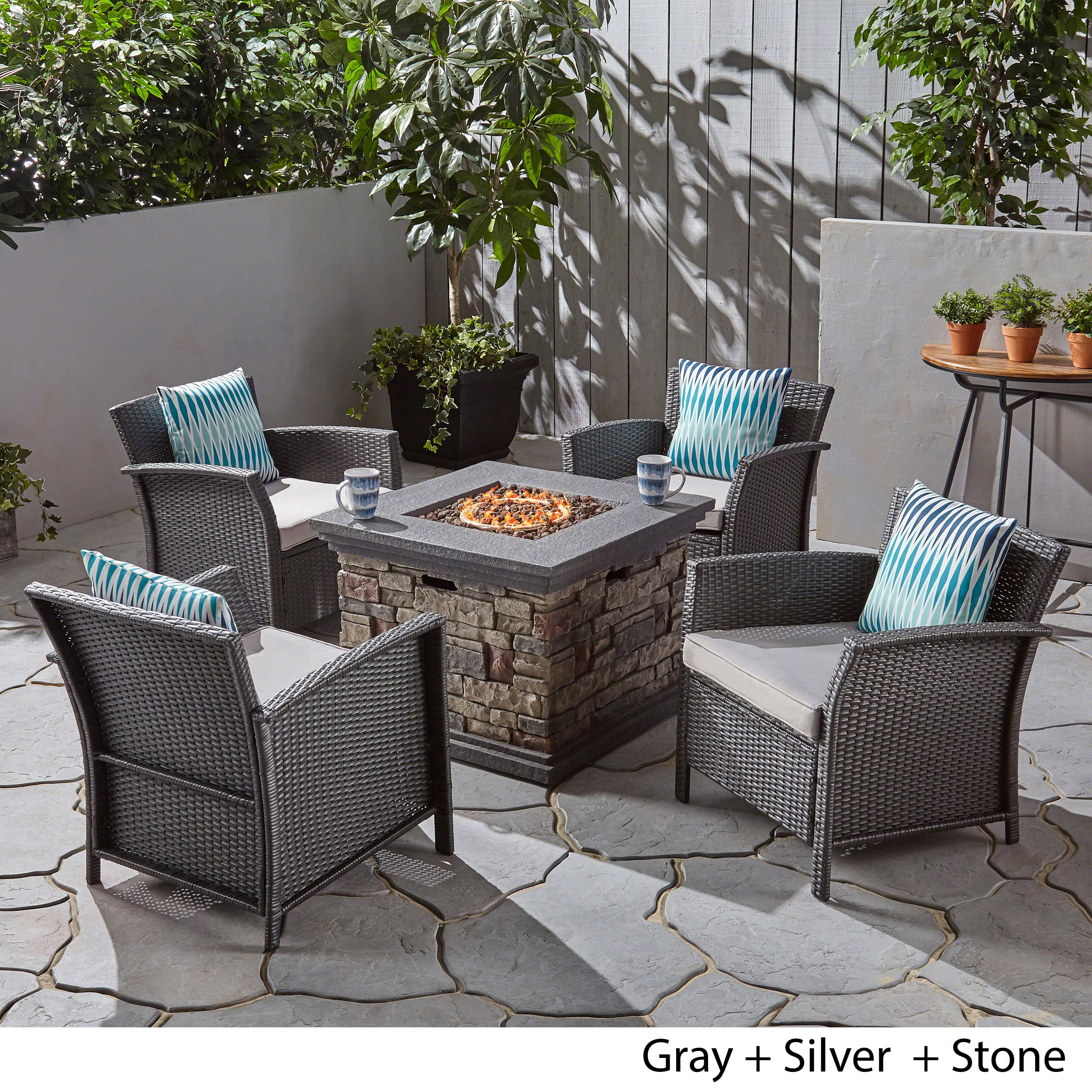 Laiah Outdoor 4 Piece Wicker Club Chair Chat Set with Fire Pit