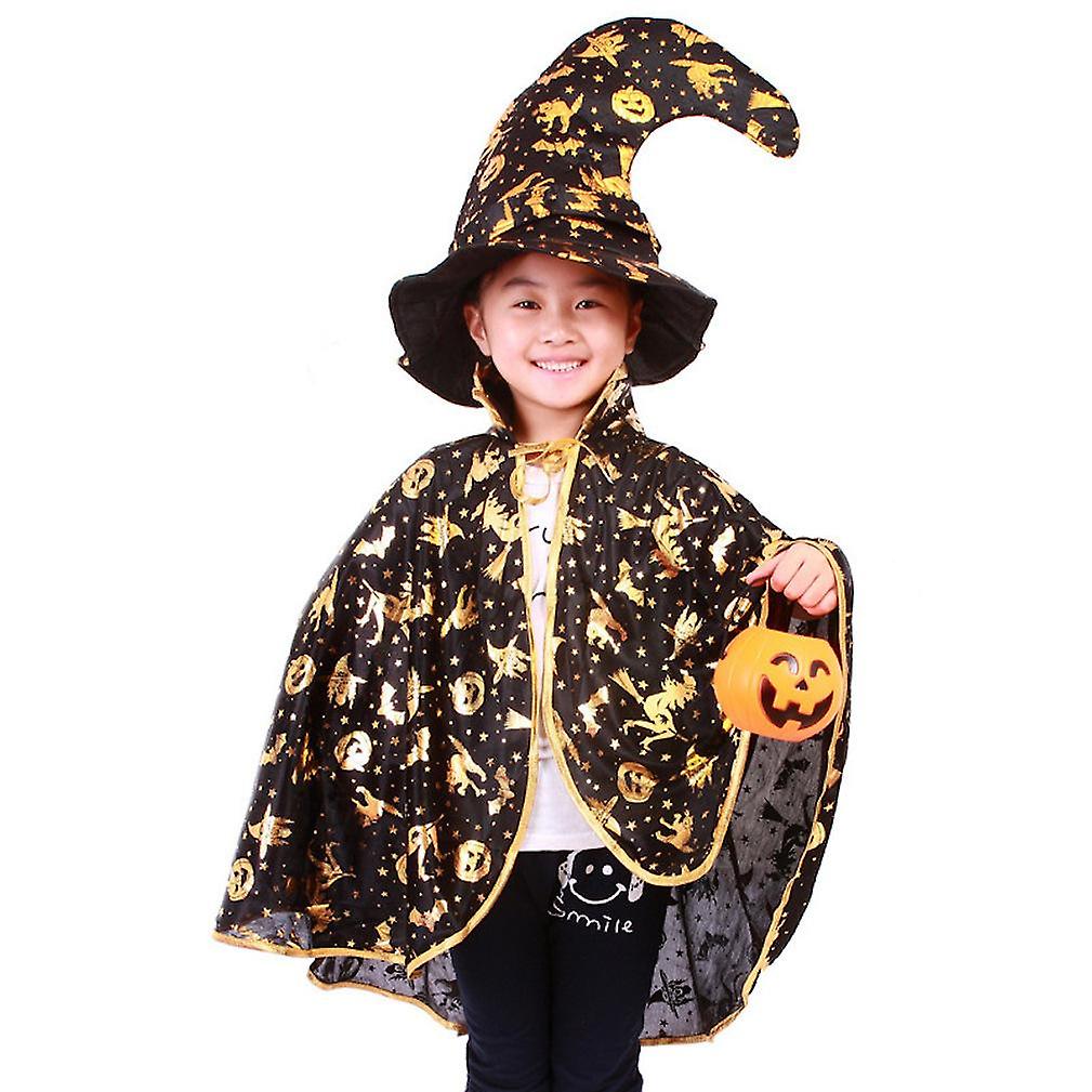 3 Pcs Kids Cosplay Witch Cloak Set Pumkin Shoulder Cape Hat And Pumkin Lamp Costumes For Halloween Children's Day Show