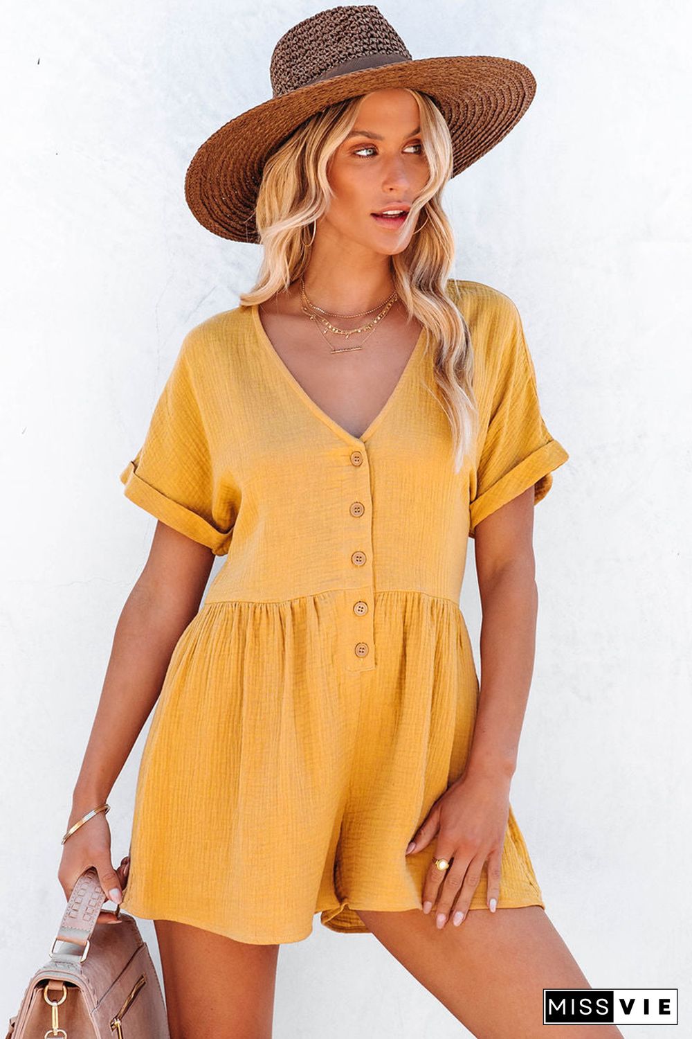 Yellow Button V Neck Crinkle Pocketed Romper