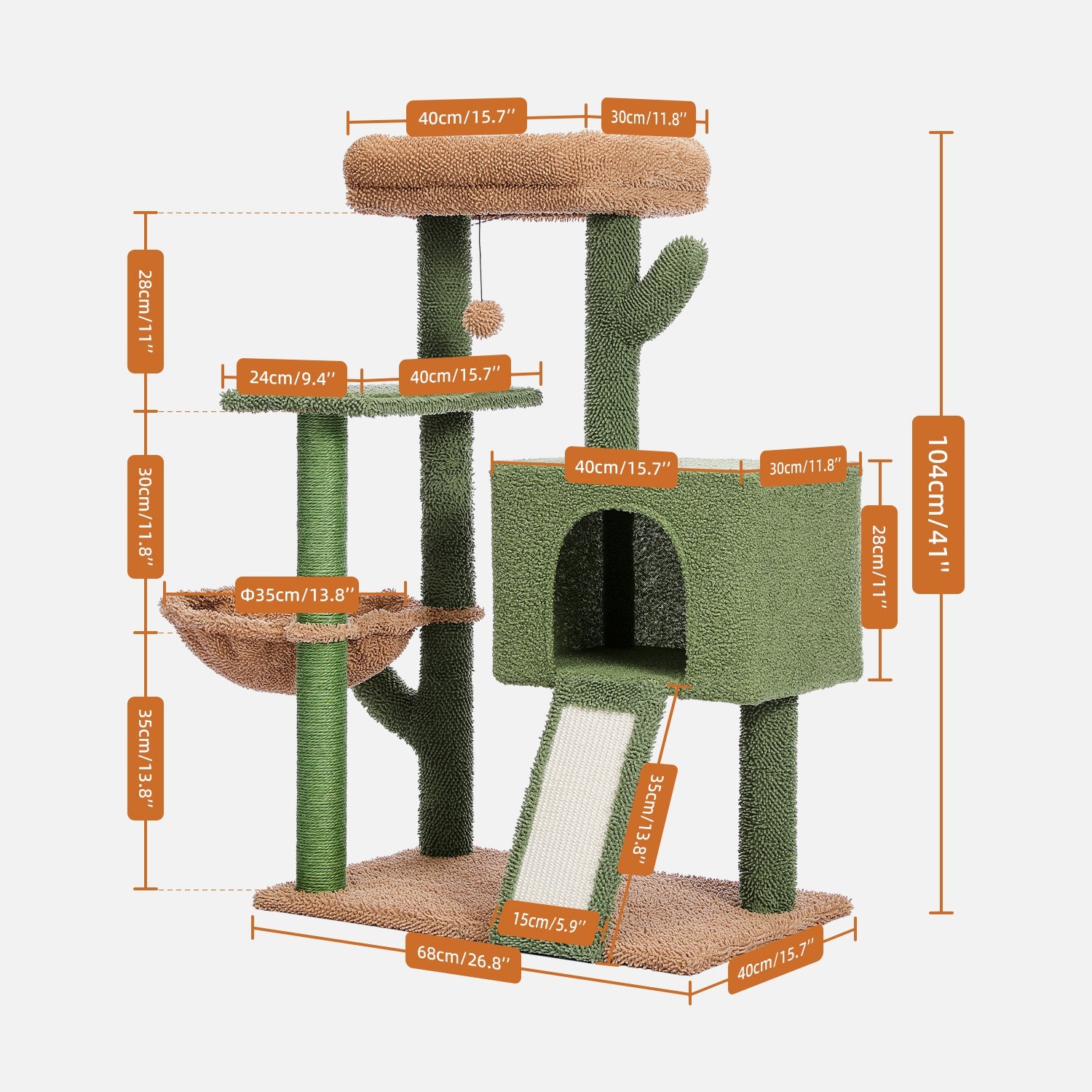 Cat Tree 41 Inches Cactus Cat Tower with Sisal Covered Scratching Post and Cozy Condo for Indoor Cats, Cat Climbing Stand with Plush Perch &Soft Hammock for Multi-Level Cat Play House