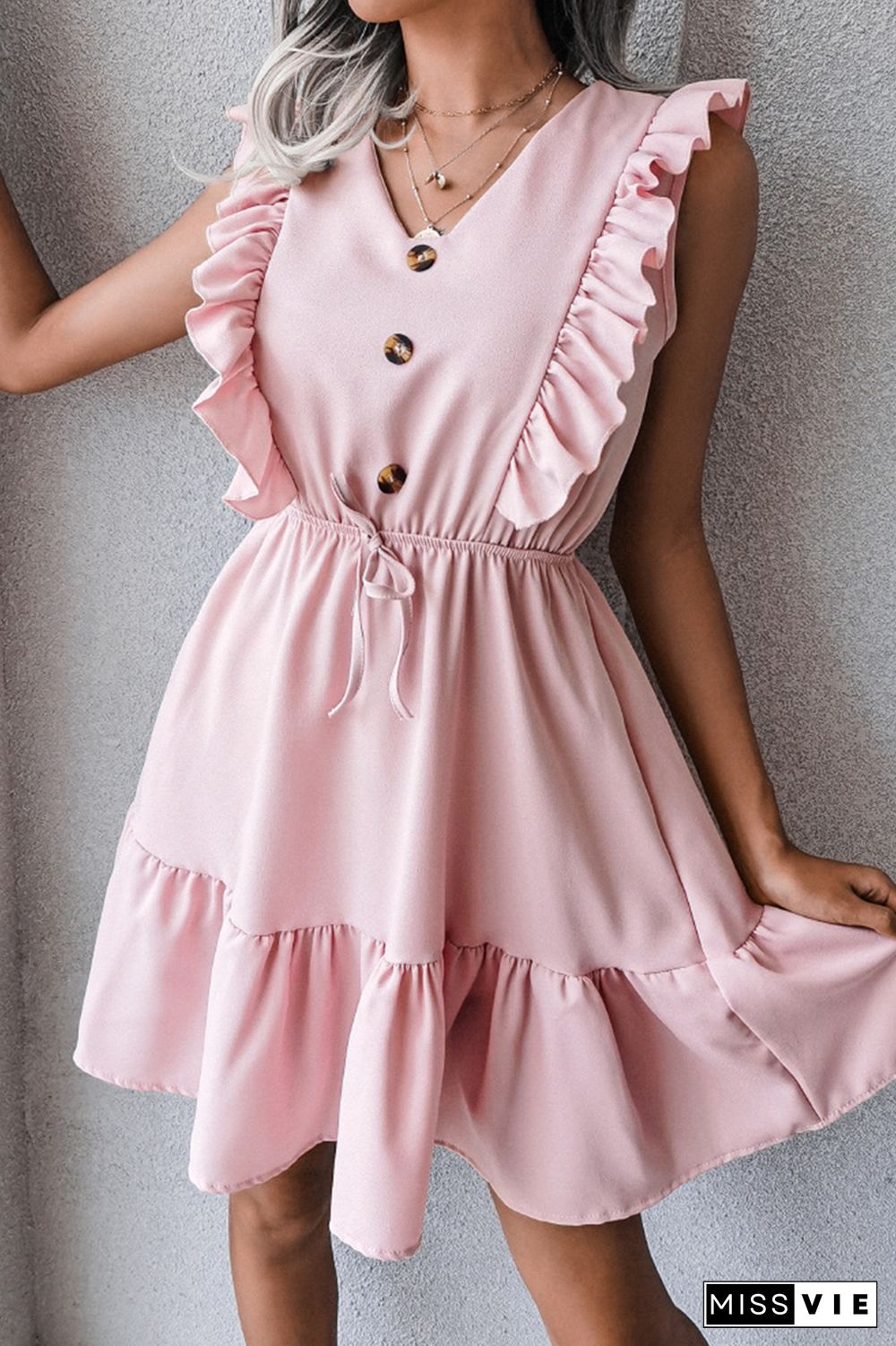 Casual Elegant Solid Buckle Flounce V Neck Waist Skirt Dresses