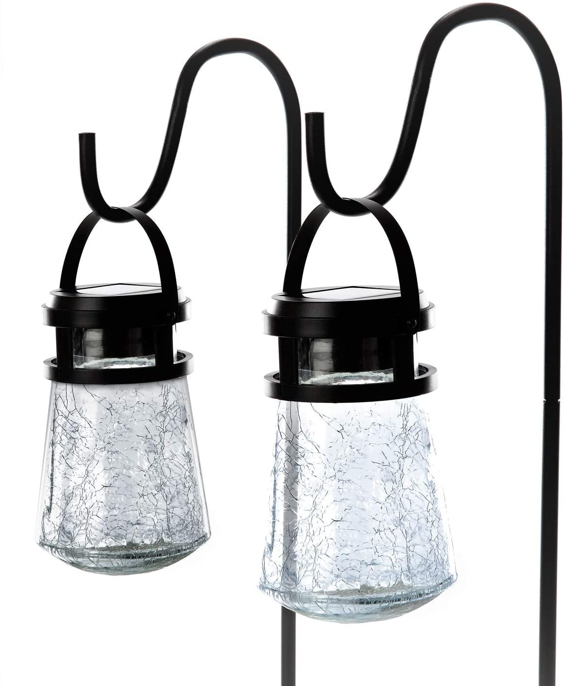 Home Zone Security Solar Crackle Glass Solar Lanterns Light， 10 Lumens 3000K LED， 2-Pack， Black