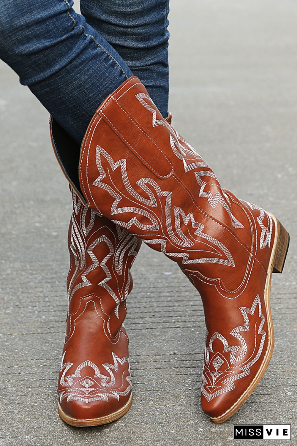 Graphic Chunky Western Boots Women Wholesale