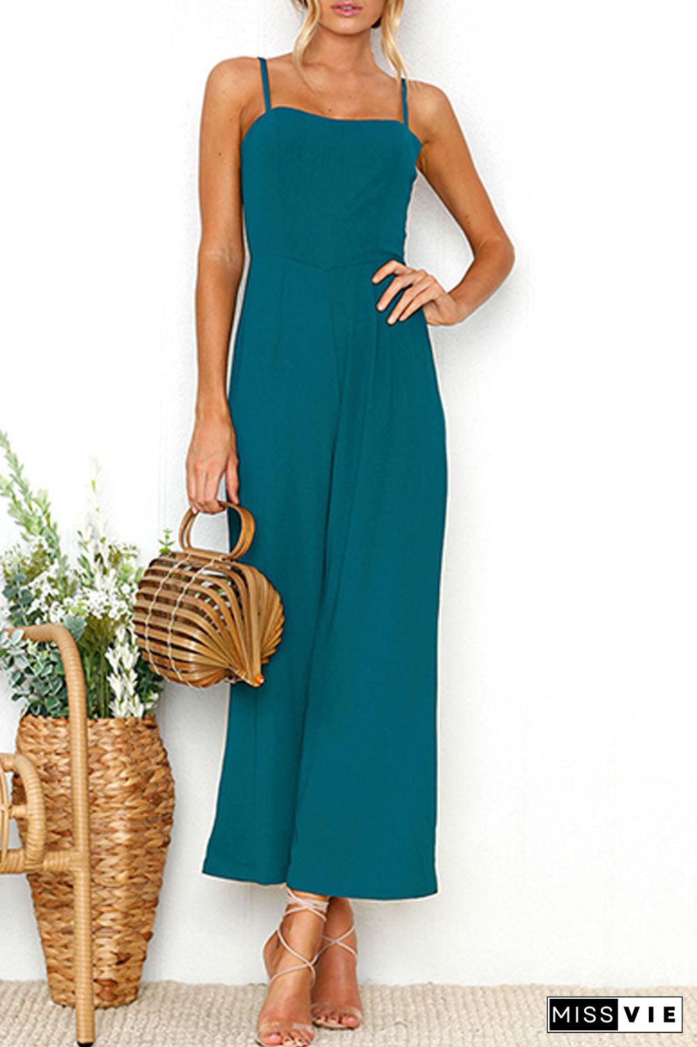 Fashion  Simplicity Solid Split Joint Spaghetti Strap Loose Jumpsuits