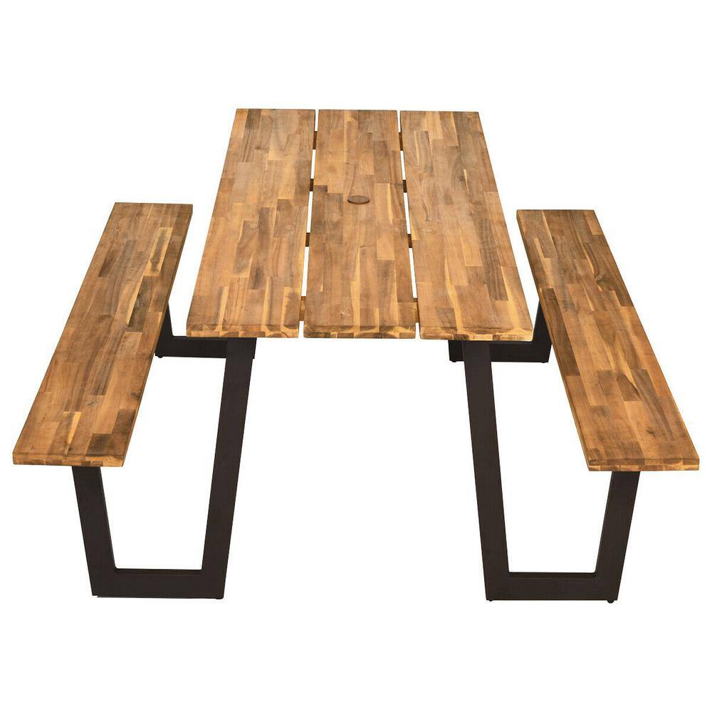 ANGELES HOME 70 in. L Wood Frame Outdoor Bench Set Picnic Table with Umbrella Hole M66-8HW265+