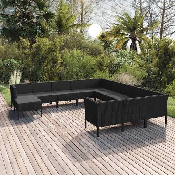 12 Piece Patio Lounge Set with Cushions Poly Rattan Black - Overstock - 36364556