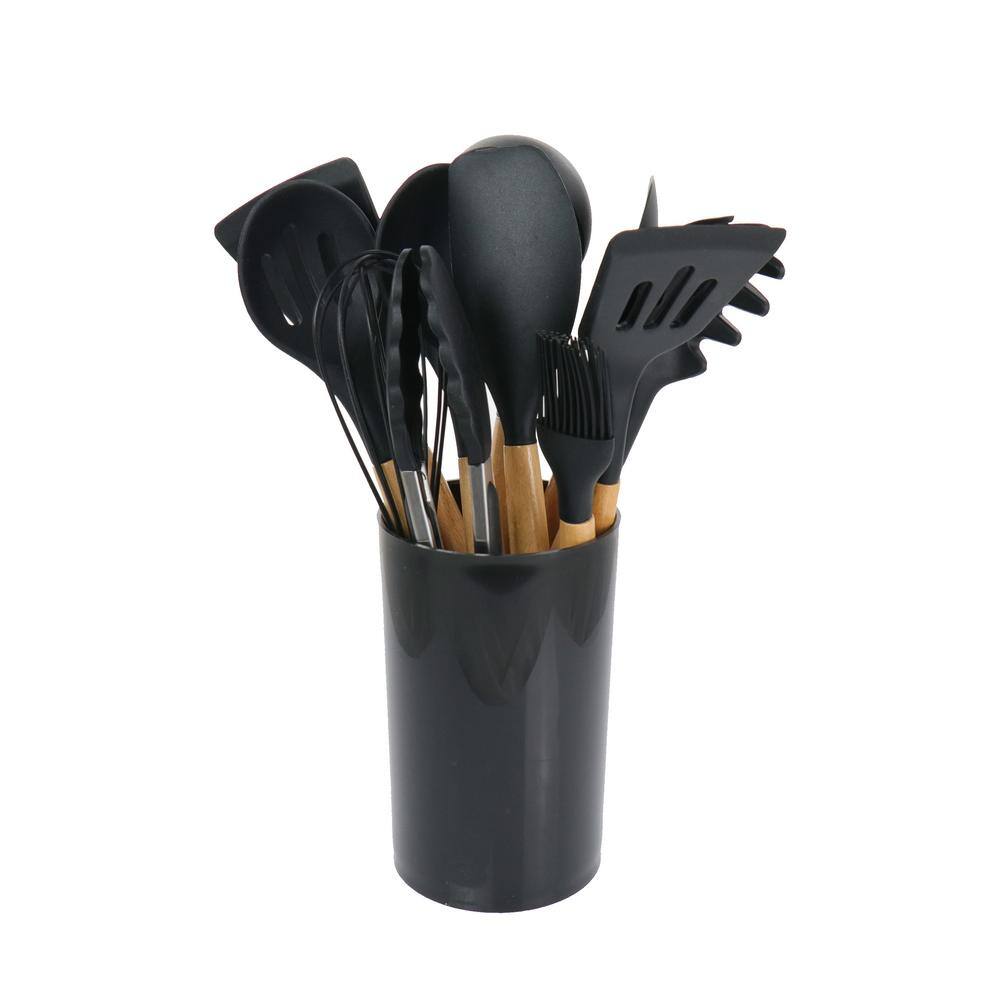 MegaChef Black Silicone and Wood Cooking Utensils (Set of 12) 985114360M