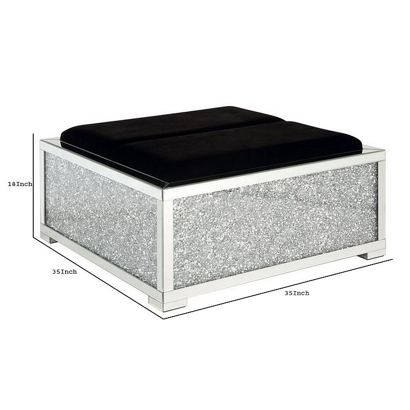 Mirrored Ottoman with Cushioned Seat and Faux Diamonds， Silver