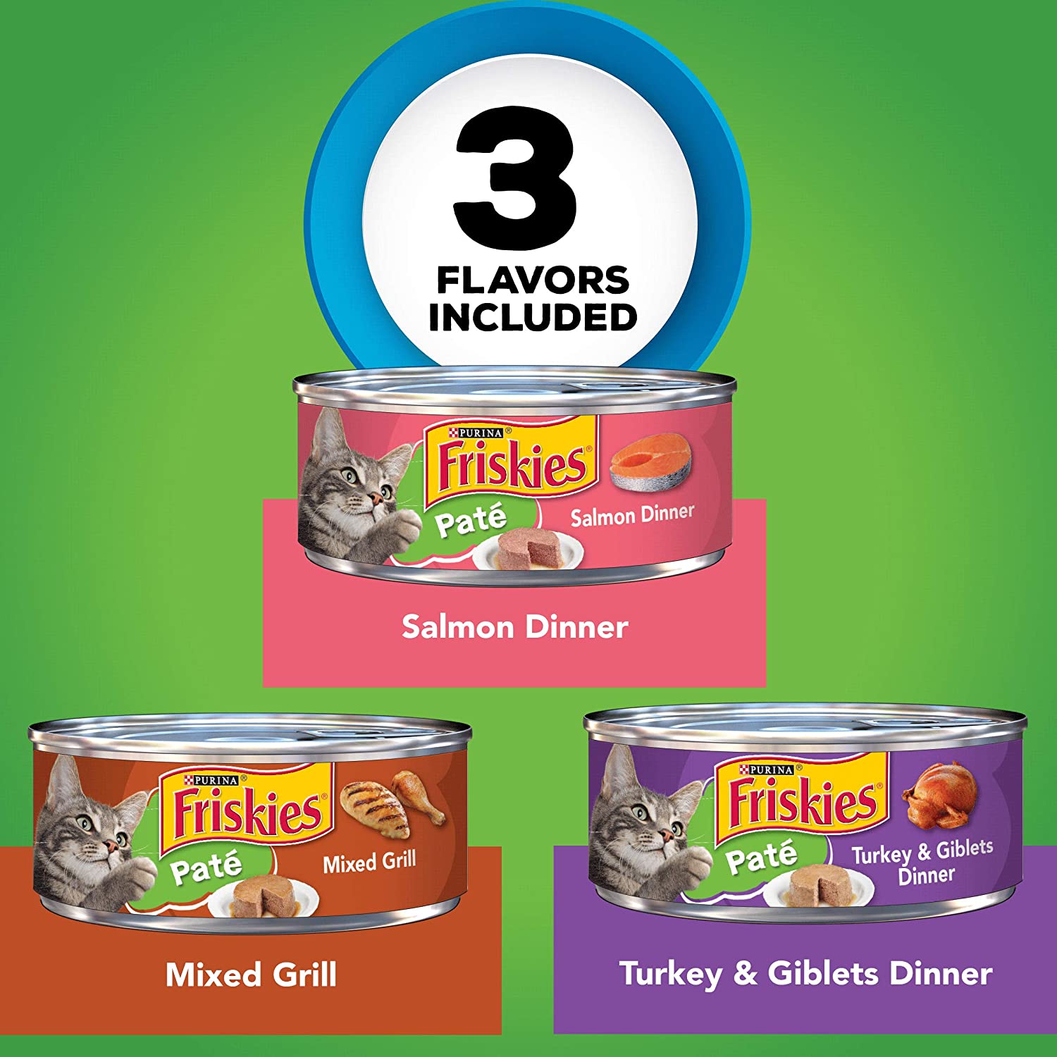 Purina Friskies Pate Wet Cat Food Variety Pack， Salmon， Turkey and Grilled - (2 Packs of 12) 5.5 oz. Cans