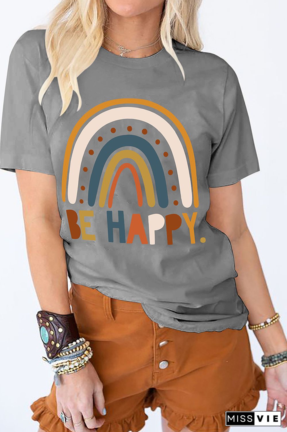 Be Happy Print Graphic Tees for Women Wholesale Short Sleeve T shirts Top