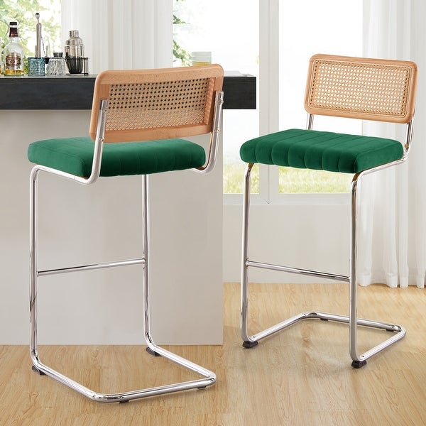 Modern Velvet Upholstered Bar/Counter Stools with Rattan Backrest