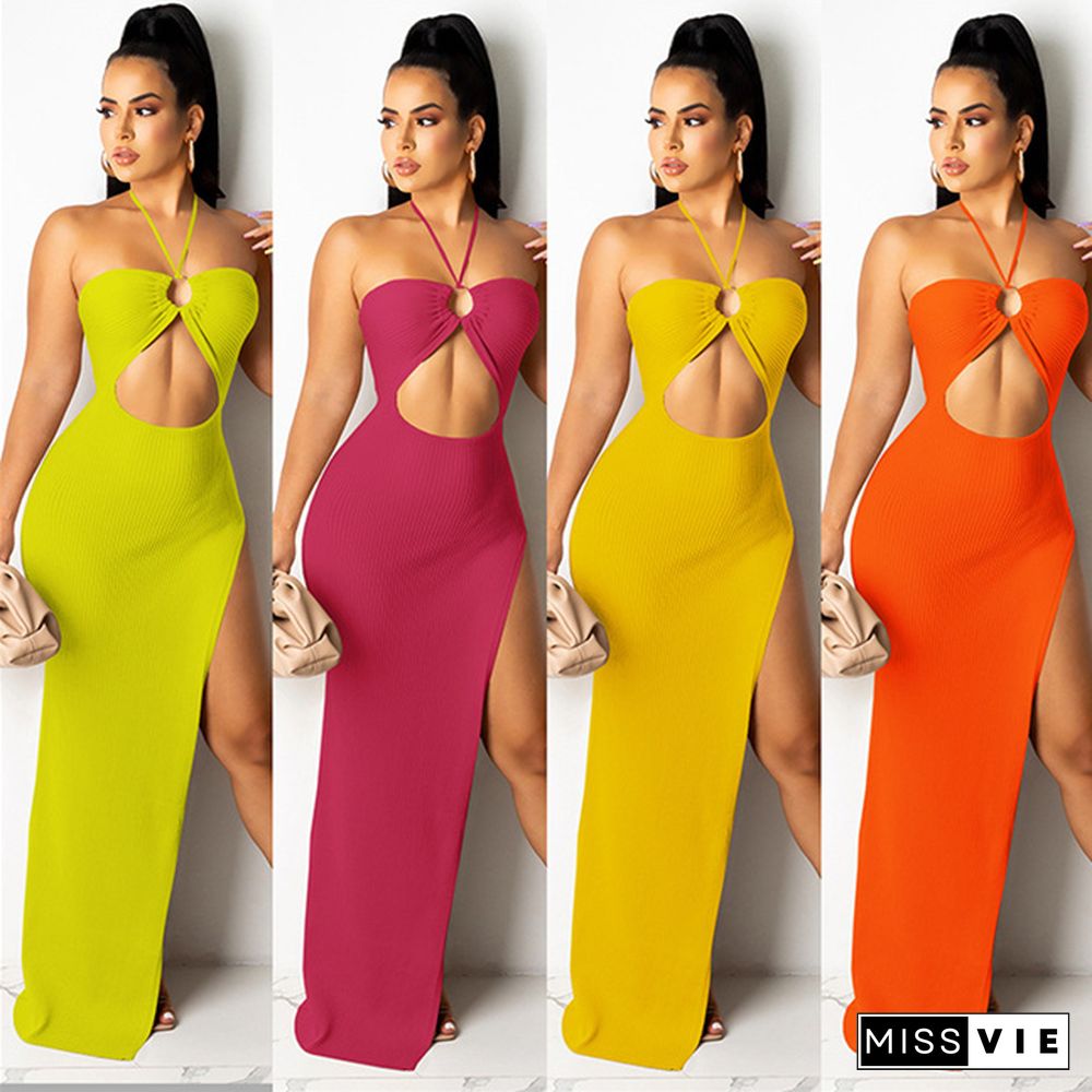 Women Sexy Solid Color Sleeveless Halter Hollow Out Asymmetrical High Splited Night Club Long Dresses