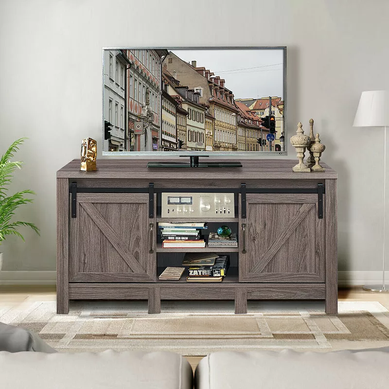 55 Inch Tv Sliding Barn Door Entertainment Center With Adjustable Shelves