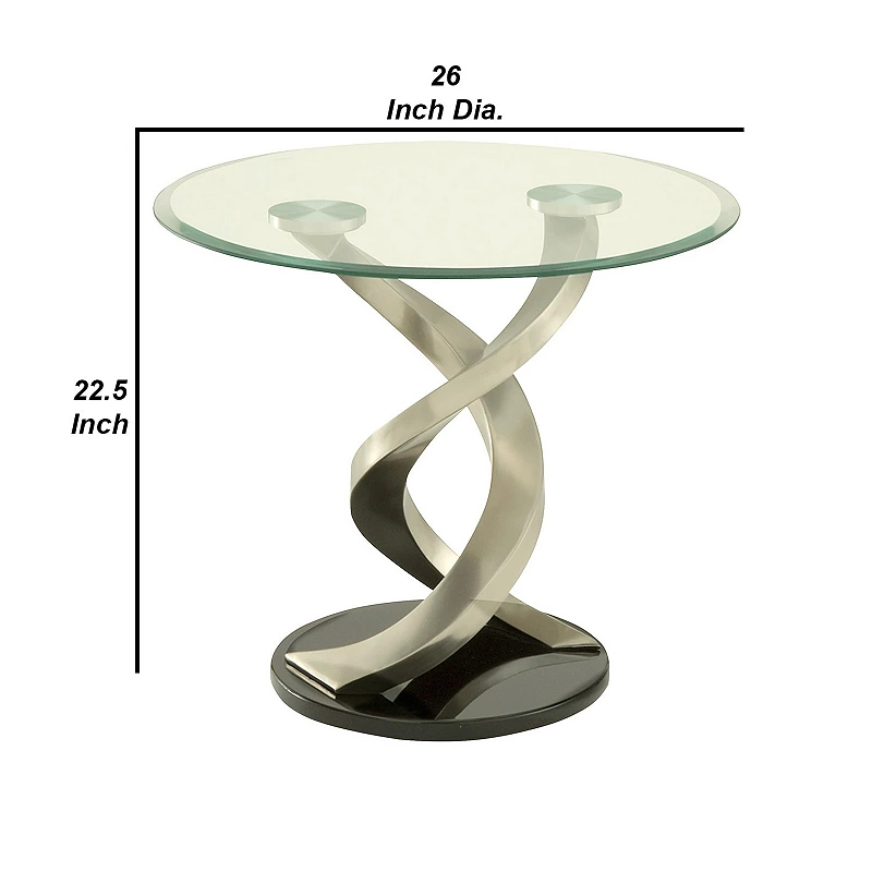 Modern Round Glass Top End Table with Twisted Metal Base， Silver and Black