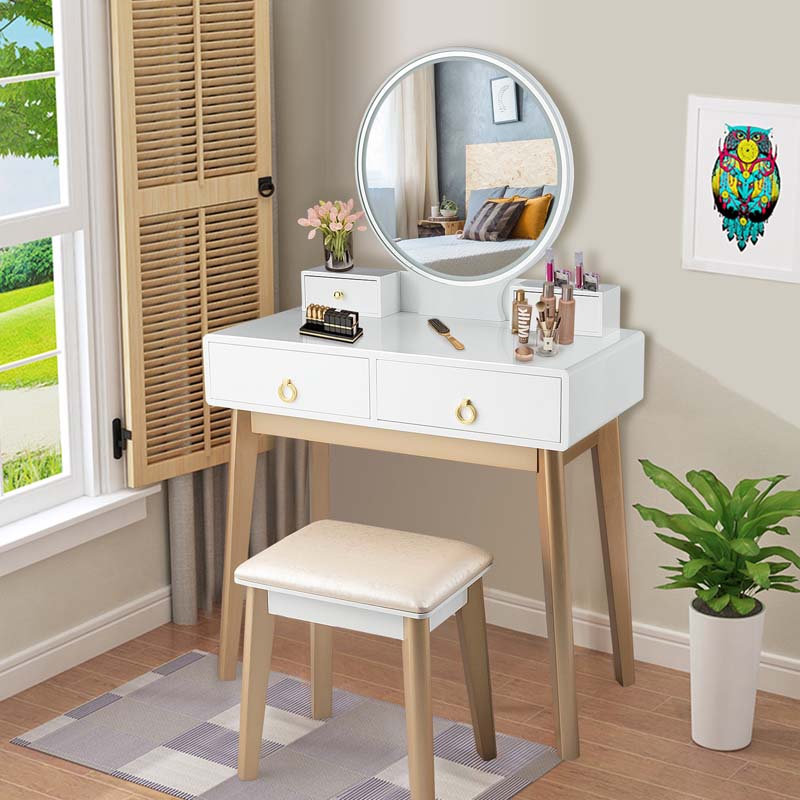 Modern Makeup Vanity Set with Touch Screen Dimming Mirror and 3 Color LED Lighting Modes, Jewelry Divider Dressing Table