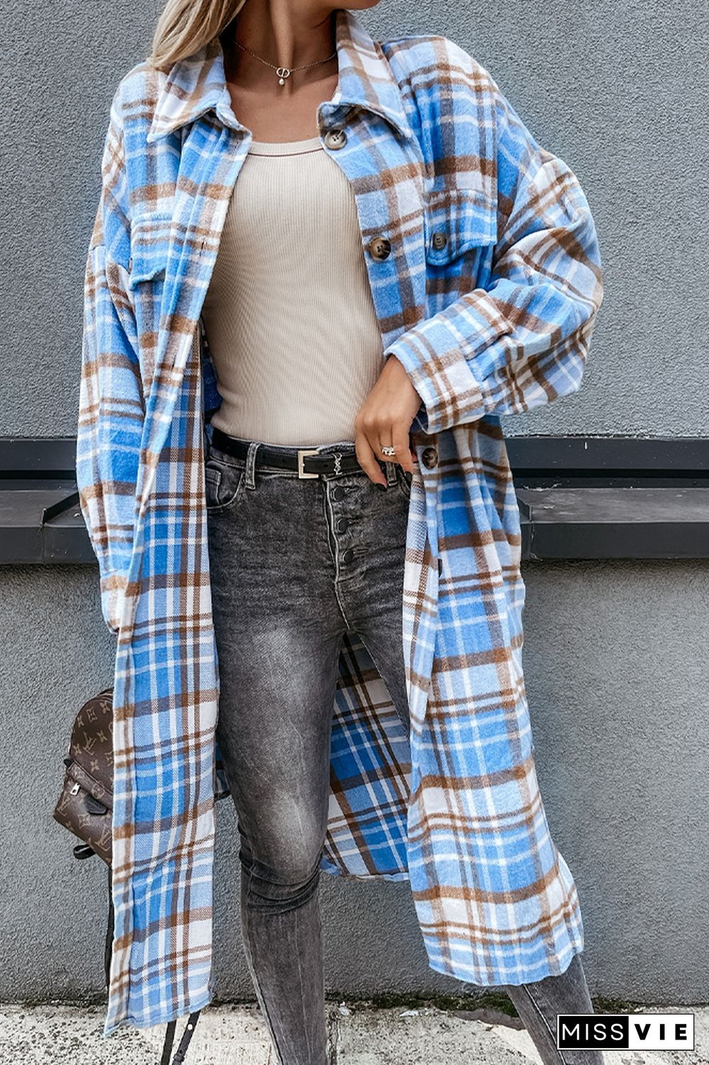 Open Button Pockets Plaid Long Length Jacket