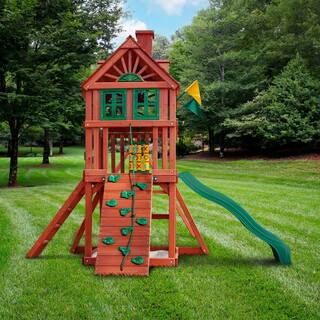 Gorilla Playsets Nantucket II Wooden Outdoor Playset with Wave Slide Rock Wall Sandbox Swings and Backyard Swing Set Accessories 01-0021