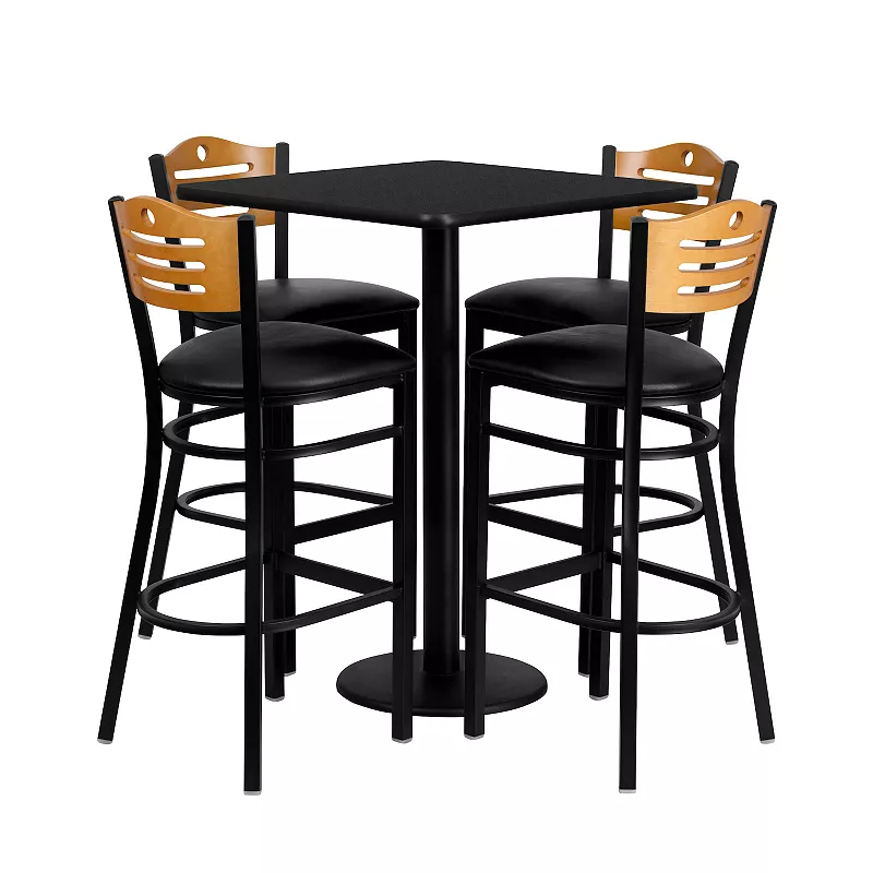 Emma and Oliver 30 Square Black Laminate Table Set， 4 Wood Slat Back Metal Stools