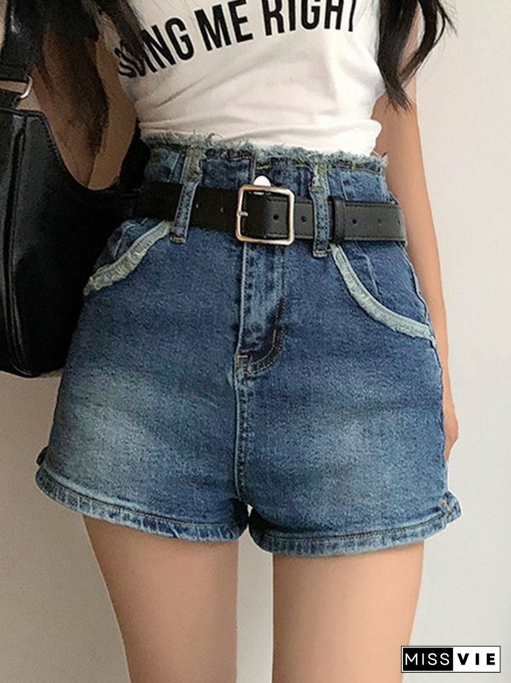 High Waist Frayed Denim Shorts