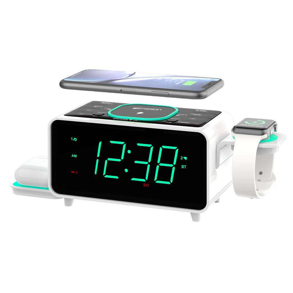 Emerson SmartSet Multiple Wireless Charging Dual Alarm Clock Radio Bluetooth Speaker USB Charger 1.4