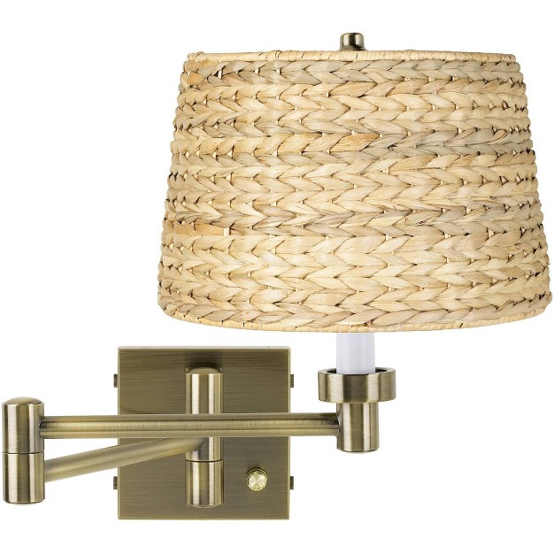 Barnes And Ivy Modern Swing Arm Wall Lamp Antique Brass Plug in Light Fixture Woven Seagrass Drum Shade Bedroom Bedside Reading