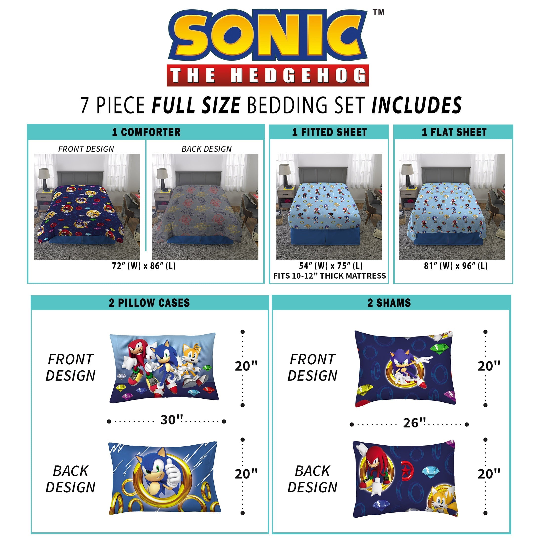 Sonic the Hedgehog Kids Full Bed in a Bag, Gaming Bedding, Comforter Sheets and Sham, Blue