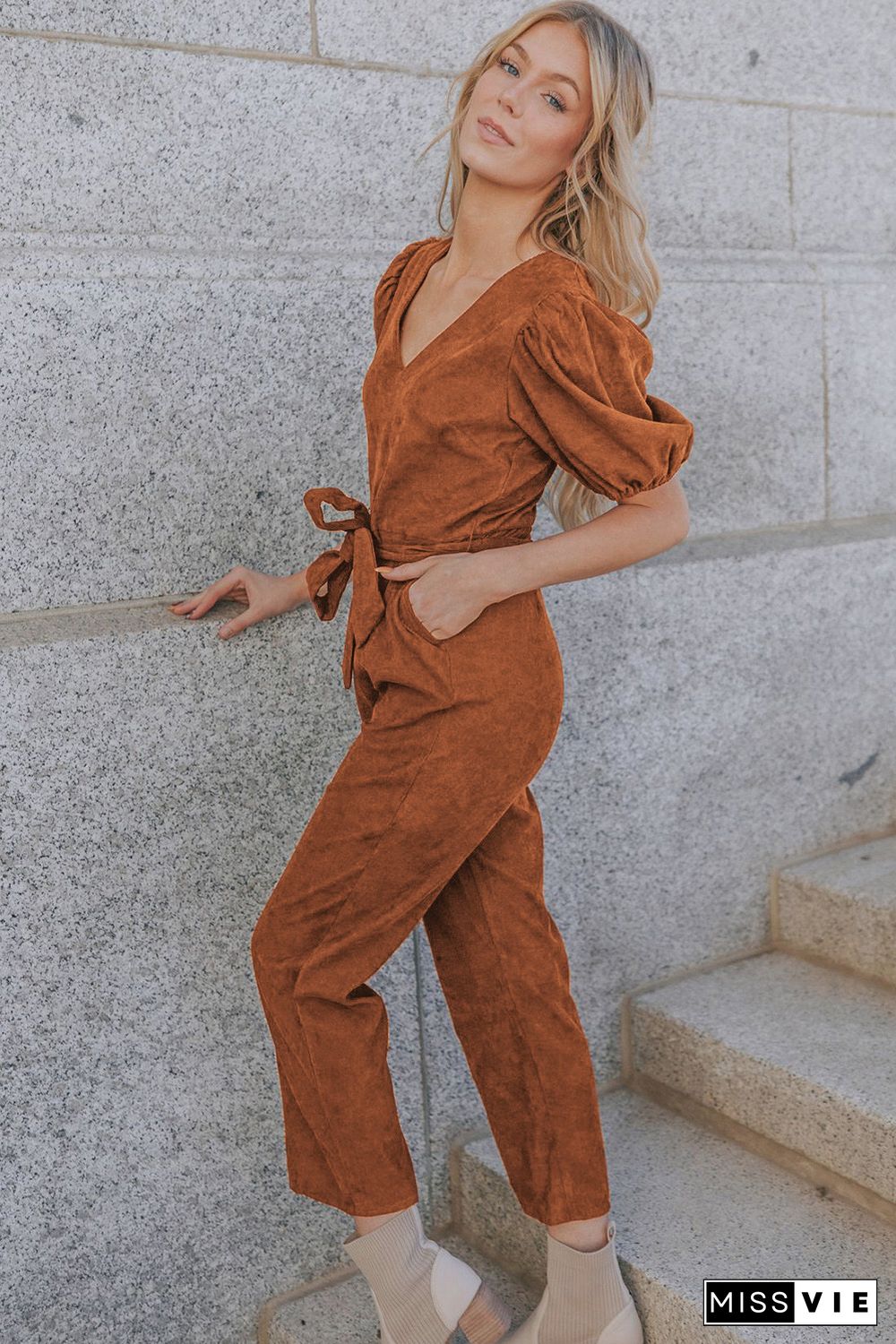 Brown Tie Knot Puff Sleeve Straight Leg High Rise Jumpsuit