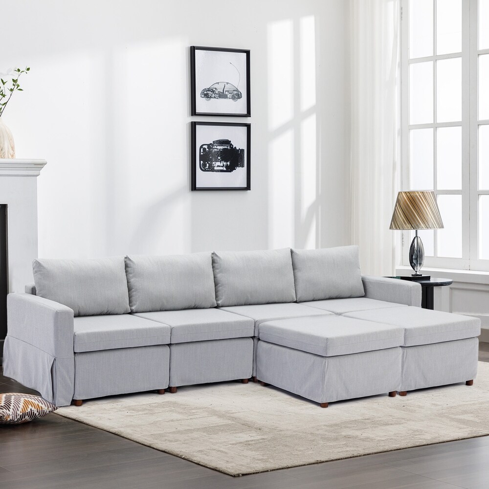 Linen Modular Sectional Sofa Couch with Ottomans  Washable Seat Cushions   Back Cushions  for Living Room  Bedroom Apartment