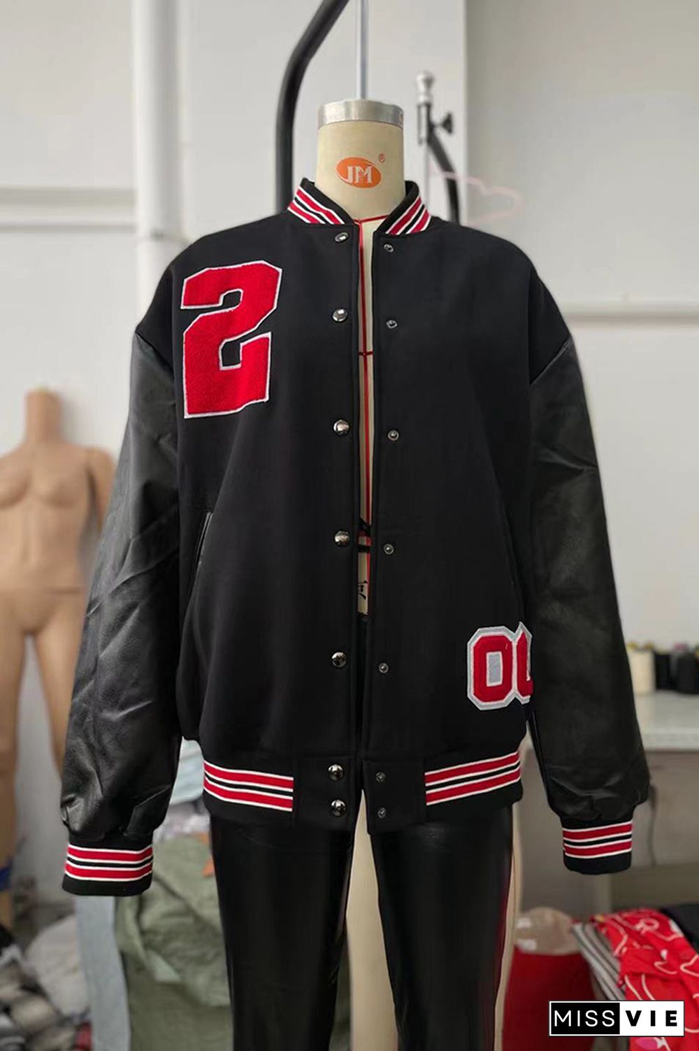 Letter Patchwork Open Button Baseball Jacket