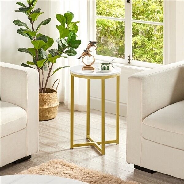 Set of 2 X-Based Faux Marble End Table Home Furniture w/ Round Top and Metal Legs