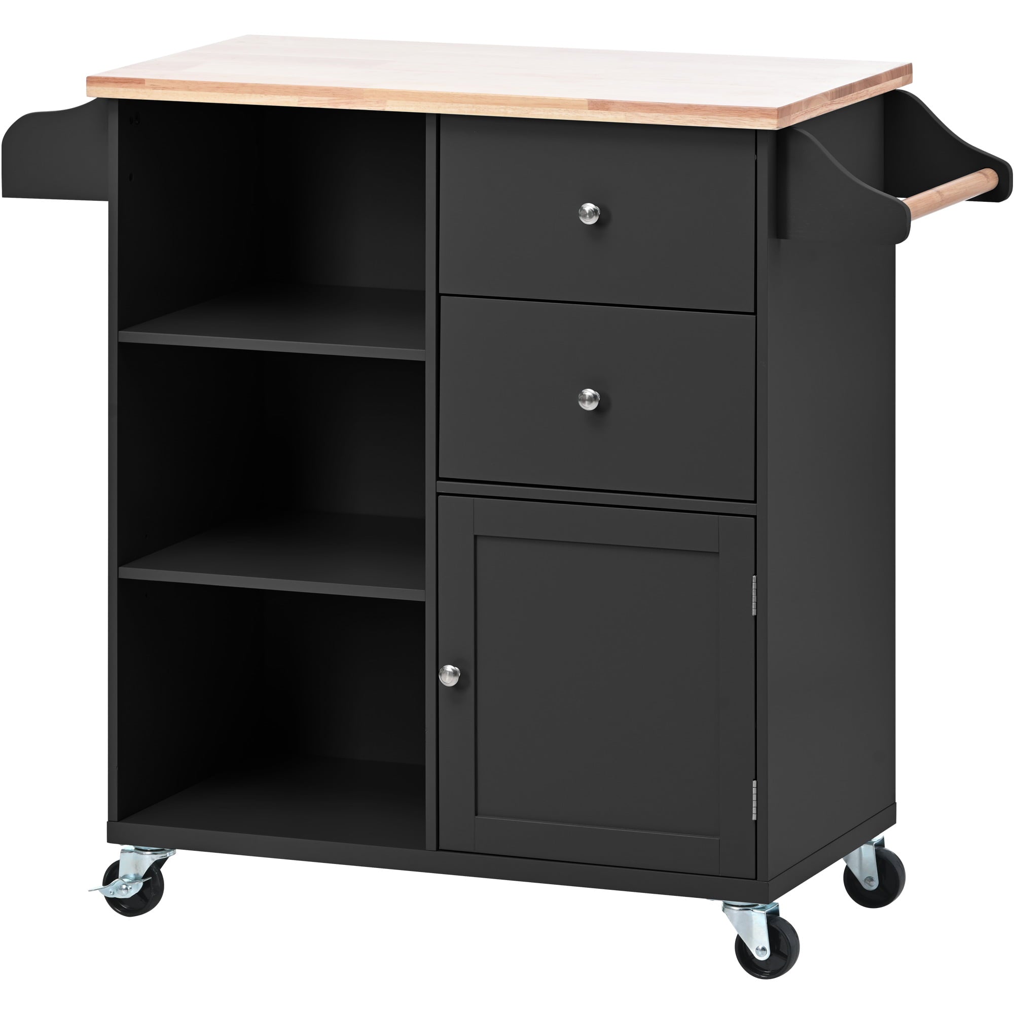 Kitchen Cart with Wheels， HSUNNS Wood Top Kitchen Island Cart with Storage Drawers|Open Shelves|Spice Rack|Towel Rack， Rolling Kitchen Cabinet Trolley Cart， Black